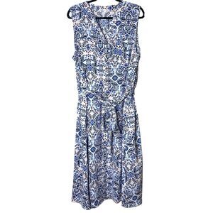 Croft & Barrow Women’s‎ Sleeveless Midi Dress 2X Blue White Floral Tie Waist